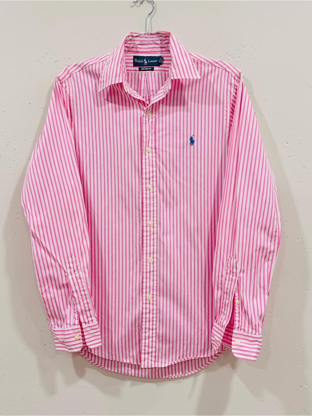 Polo Ralph Lauren Shirt Mens S Small Custom Fit Pink White Striped Long Sleeve